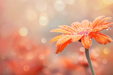 Close-up of a vibrant orange gerbera flower with water droplets, soft bokeh background, with space for text, suitable for spring or nature-themed designs