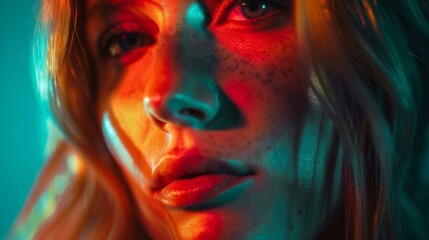 Portrait of a young woman in neon colors. A highlight of color on the face. Chromatic aberration in fashion editorial.

