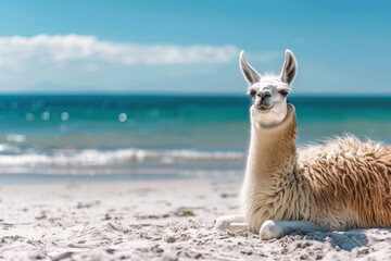 Relaxed llama lounging on a sandy beach with a serene turquoise ocean backdrop, depicting a tranquil vacation concept with space for text on the left