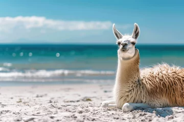 Tuinposter Relaxed llama lounging on a sandy beach with a serene turquoise ocean backdrop, depicting a tranquil vacation concept with space for text on the left © fotogurmespb