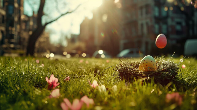 A nest with an egg in it is on the grass in a park