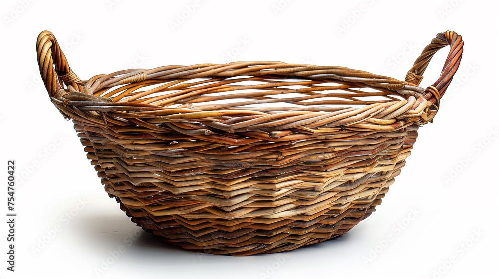 Poster empty handwoven wicker basket isolated on a white background with space for text, ideal for concepts