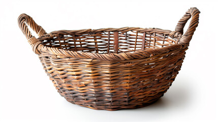 Wicker basket on white background with copy space, ideal for artisanal or home storage concepts