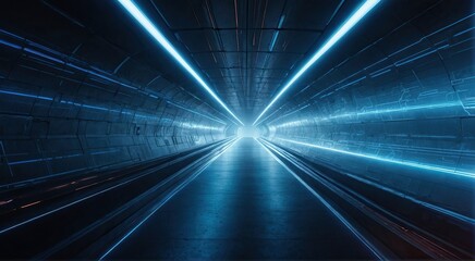 Futuristic 3D Tunnel Illuminated by Blue Neon Lines, A Modern Corridor Tunnel Transports You into the Realm of Cyberpunk Aesthetics.

