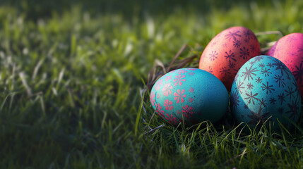 A group of painted eggs are sitting on a green field