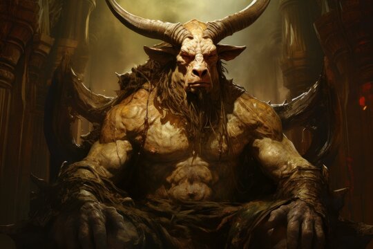 Mystical Minotaur myth with man warrior illustration. Evil beast creature near rock cave. Generate Ai