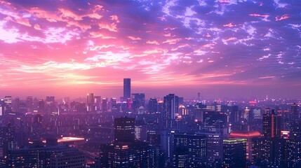 Fototapeta premium Sunset Skyline of a Bustling Metropolis The city skyline basks in the glow of a breathtaking sunset, with shades of pink and purple illuminating the bustling metropolis below.