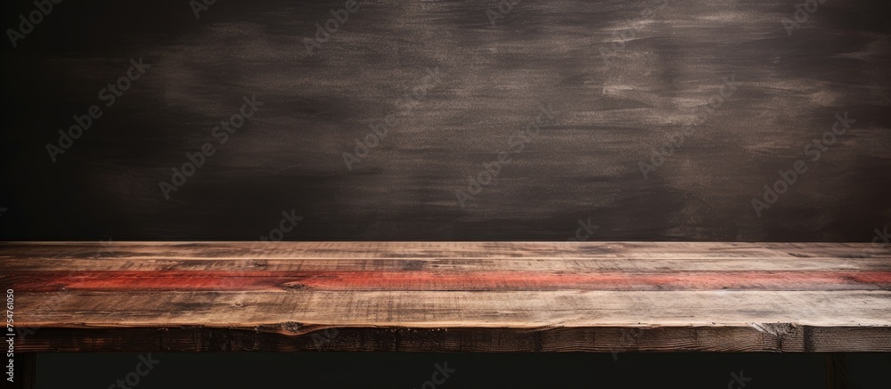 Aufkleber A wooden table is positioned in front of a black wall, creating a stark contrast between the light and dark elements in the room. The table is empty, with a simple design and clean lines.