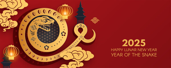Happy Chinese New Year 2025 with Snake sign, lanterns, clouds and traditional temple. Lunar new year card template. Jianzhi paper cut style. - obrazy, fototapety, plakaty