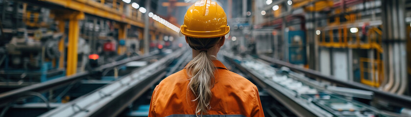 A woman wearing a yellow helmet and orange safety gear stands in a factory - obrazy, fototapety, plakaty