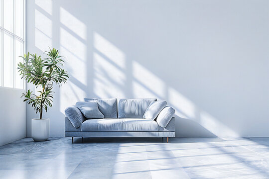 Fototapeta Scandinavian Style Living Room with Modern Sofa and Minimal Decor, Bright and Comfortable Interior Design