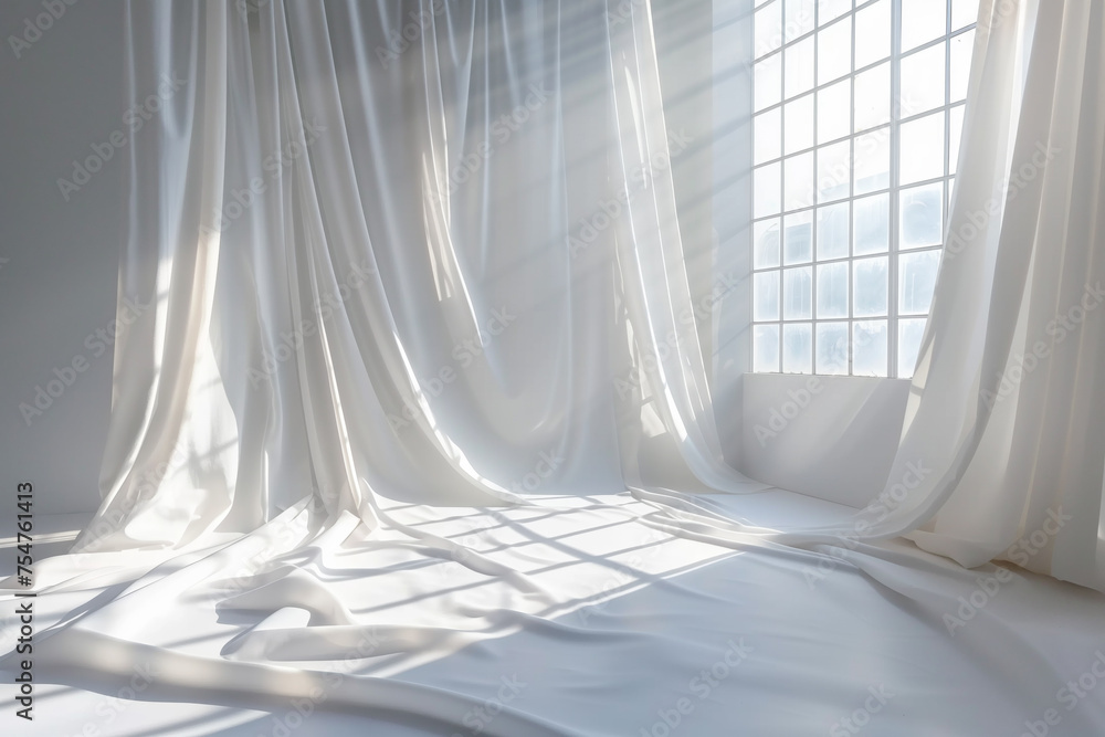 Poster ethereal white sheer curtains billow in the sunlight beside a large window, creating a peaceful and 