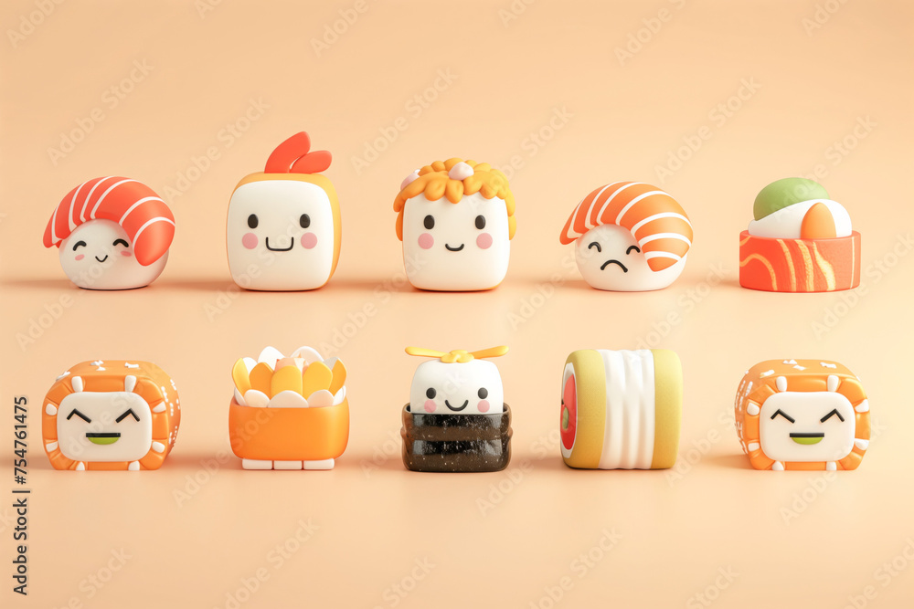 Poster assorted cute sushi characters with happy faces on a warm peach background with copy space, ideal fo