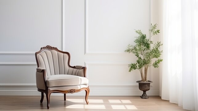 Amidst a white room with curtain background, an antique armchair exudes classic elegance.