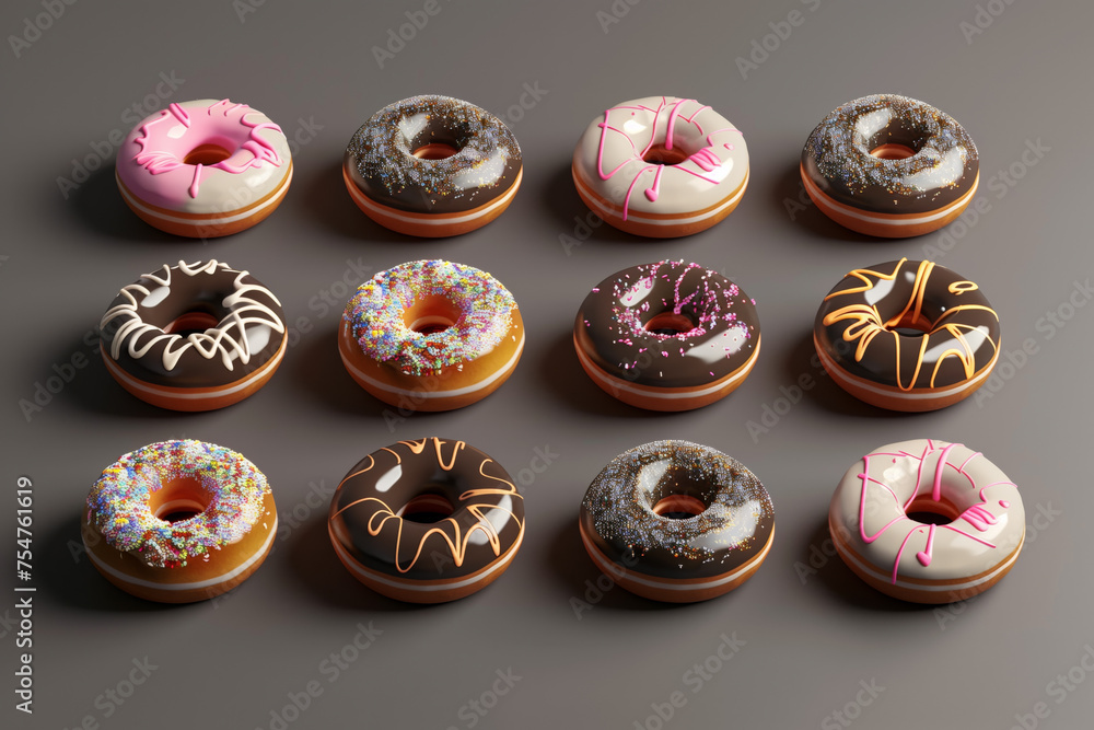 Sticker assorted gourmet donuts with colorful icing and sprinkles on a dark background, ideal for menus and 