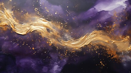 Against a dark background, streaks and waves are sprinkled with purple and gold sparkles, embodying contemporary creativity with a colorful avant-garde painting.