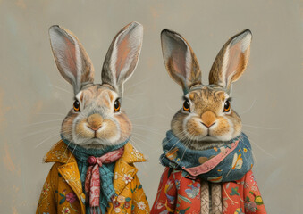 Two cute rabbits in warm clothes. Neutral grey background with space for text. Happy Easter animals. 