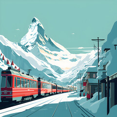 Beautiful blue turquoise mountains illustration, red train, snow