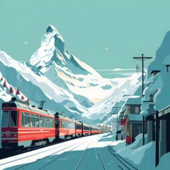 Photo sur Aluminium Europe du nord Beautiful blue turquoise mountains illustration, red train, snow