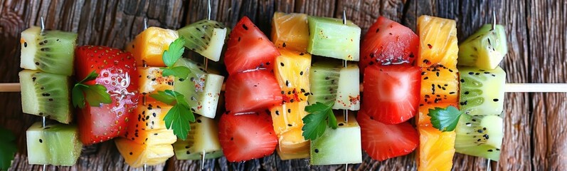 Tropical fruit skewers tropical meal. Summer background. Food background 