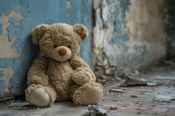 Abandoned plush teddy bear in a dilapidated room with peeling blue paint, concept of neglect or lost childhood, space for text on the right
