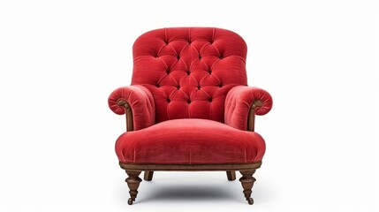 An antique red chair stands against a pristine white backdrop, showcasing its timeless elegance.