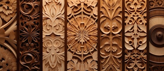 A row of intricately carved wood panels lean against a plain wall, showcasing the craftsmanship and intricate designs of each sample. The panels vary in size and intricacy, creating a visually