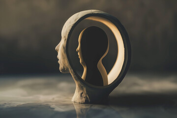 Abstract artistic conceptual image of a human head silhouette within a silhouette, representing psychology, identity, or consciousness, on a blurred background with copy space