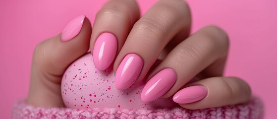 Close up of a perfect manicure with candy - pink nail polish. Easter theme, vibrant spring colours. 
