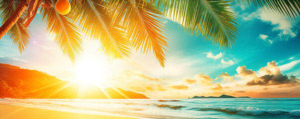 Fototapeta na wymiar Sunrise banner showcasing orange sunburst over tropical beach