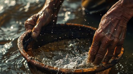 Withered hands sift through a sieve for gold in the water - obrazy, fototapety, plakaty