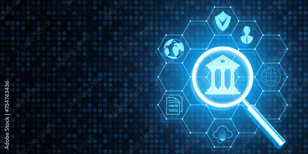 Poster Creative glowing hexagonal online banking hologram on dark blue background with mock up place. Online payment, shopping and account concept. 3D Rendering.