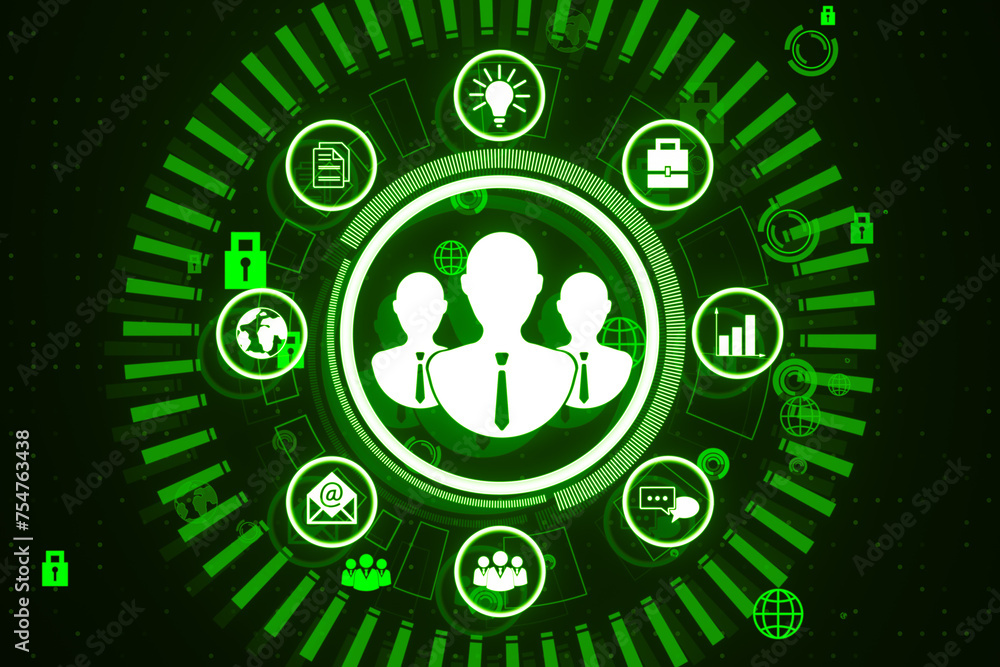 Poster creative business hologram with people icons on green background with various icons. hr, human resou
