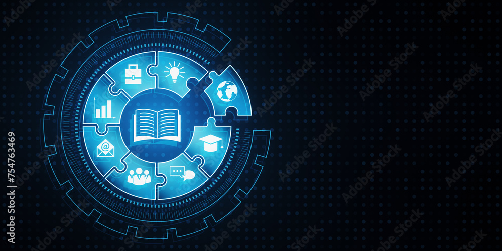Poster creative digital round puzzle educational hologram on dark blue background. microlearning and gamifi