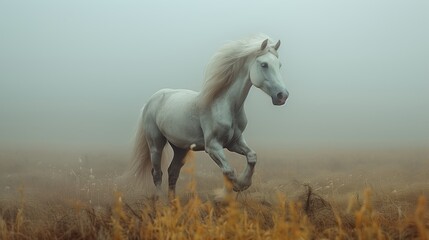 Obraz na płótnie Canvas White Horse Galloping in Misty Meadow at Dawn
