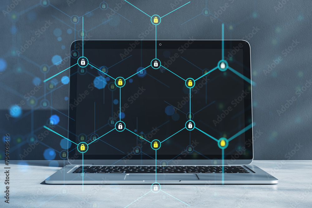 Poster a laptop screen shows a network of blue and green dots, each representing a security lock. concept o