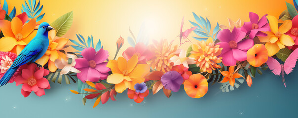 Obraz na płótnie Canvas Vibrant tropical flowers and a blue bird banner for colorful vacation backgrounds