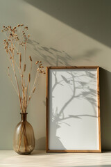 empty white canvas frame mockup with dried plants in vase on green wall