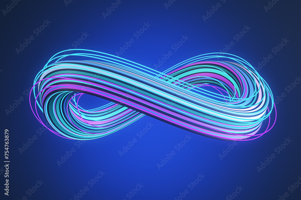Aufkleber 3D abstract infinity loop with vibrant blue and pink stripes on a dark background. Continuous flow concept. 3D Rendering