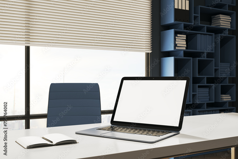 Poster creative designer desktop with empty white mock up laptop computer, supplies. window with city view 