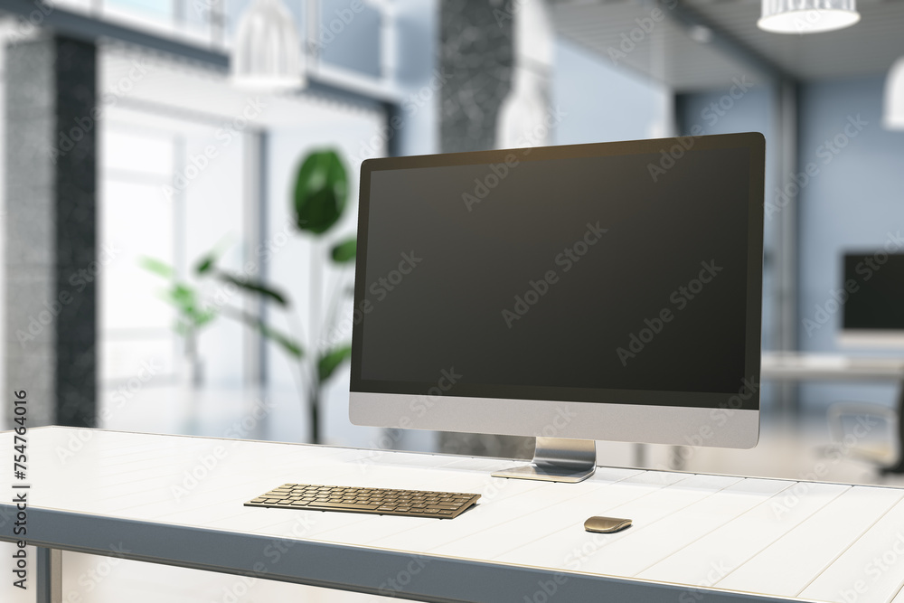Poster creative designer desk with empty mock up computer display, supplies and blurry office interior in t