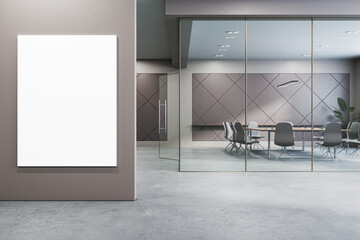 Modern glass and concrete meeting room office interior with empty white mock up banner on wall. 3D...
