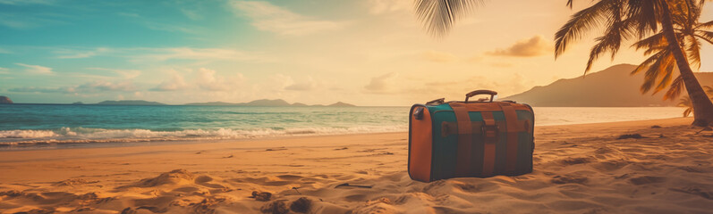 Travel suitcase on a tropical beach at sunset banner for vacation backgrounds