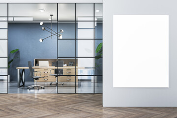 Modern meeting room interior with white mock up banner on wall, glass partition, wooden flooring and bookcase. 3D Rendering. - obrazy, fototapety, plakaty