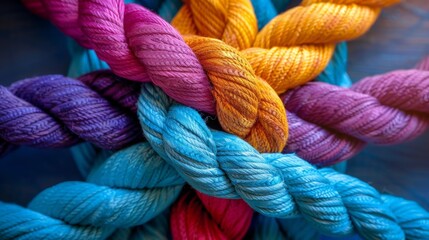 close up of colorful rope knot or node, concept image team connection and partnership