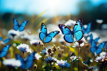 Blue butterflies fly over a field against a blue sky. Generated by artificial intelligence