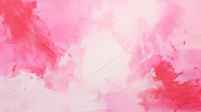 Chaotic pink and red brush strokes and paint spots converge on white paper, forming a vivid and contrasting abstract background.