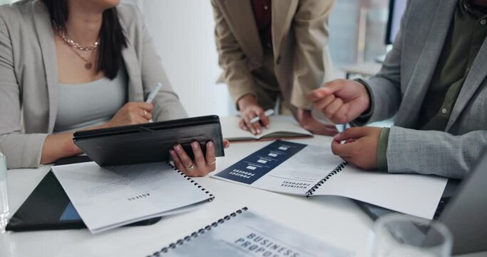 Tablet, documents and planning with business proposal for investment, presentation or partnership pitch. Meeting, paperwork and technology with teamwork for strategy, discussion and report in office