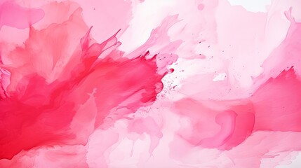 Obraz premium Chaotic pink and red brush strokes and paint spots converge on white paper, forming a vivid and contrasting abstract background.