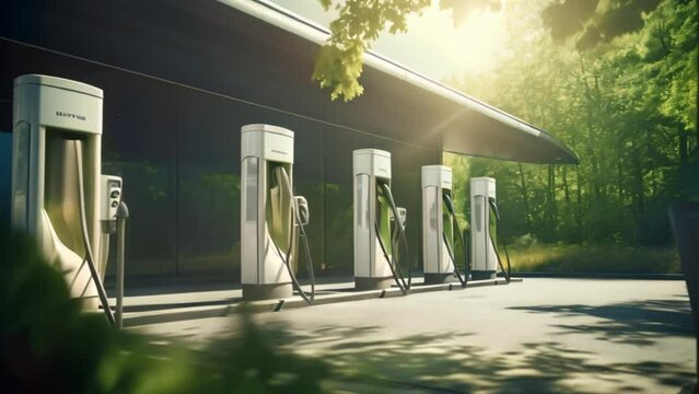 Ev charging station, green energy power, Modern fast electric vehicle chargers for charging car in park